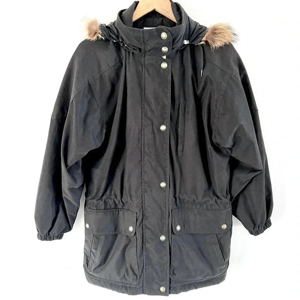 Woolrich Original Outdoorwear Black Jacket with Real Fur Trimmed Hood Size Small